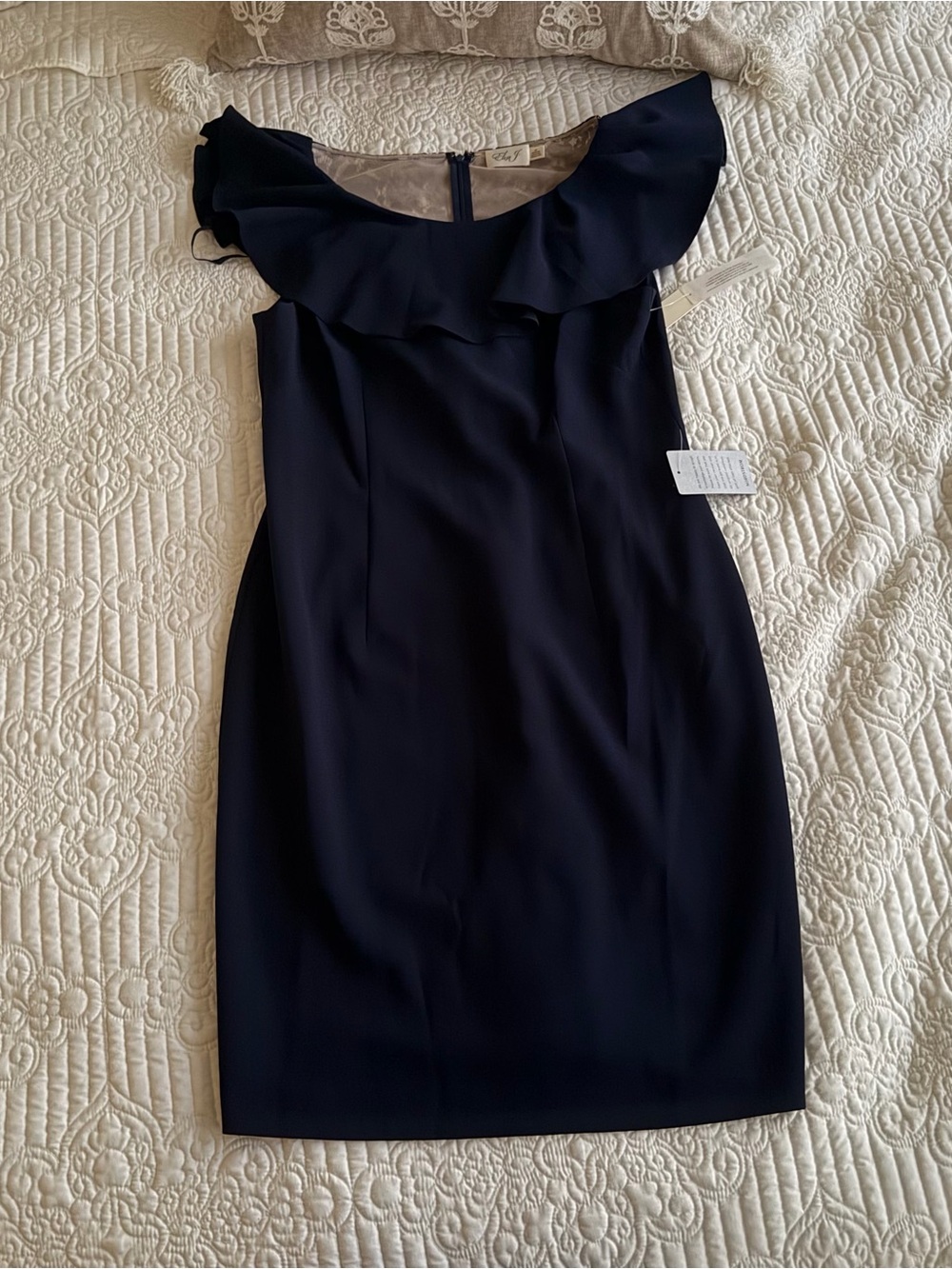 NWT Eliza J Navy Blue Ruffle Off Shoulder Lace Sheath Cocktail Dress 16